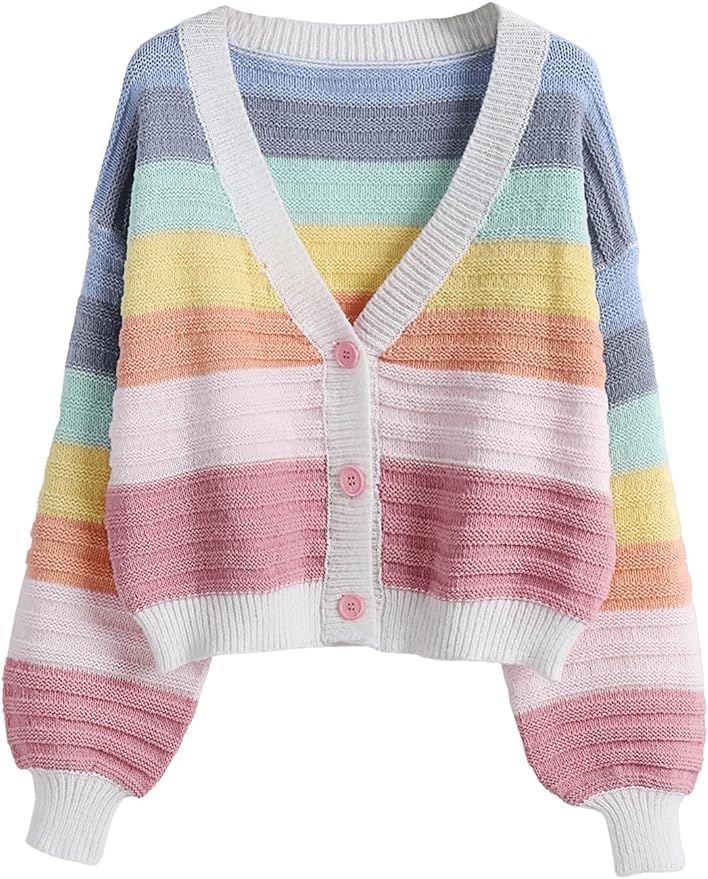SweatyRocks Women's Color Block V Neck Button Front Knit Cardigan Sweater Outerwear | Amazon (US)