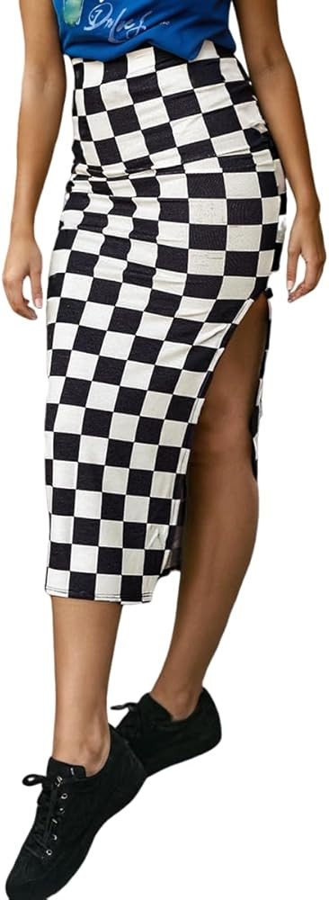 EARKOHA Checkered Slit Midi Skirt for Women Summer High Waisted Sexy Bodycon Skirts | Amazon (US)