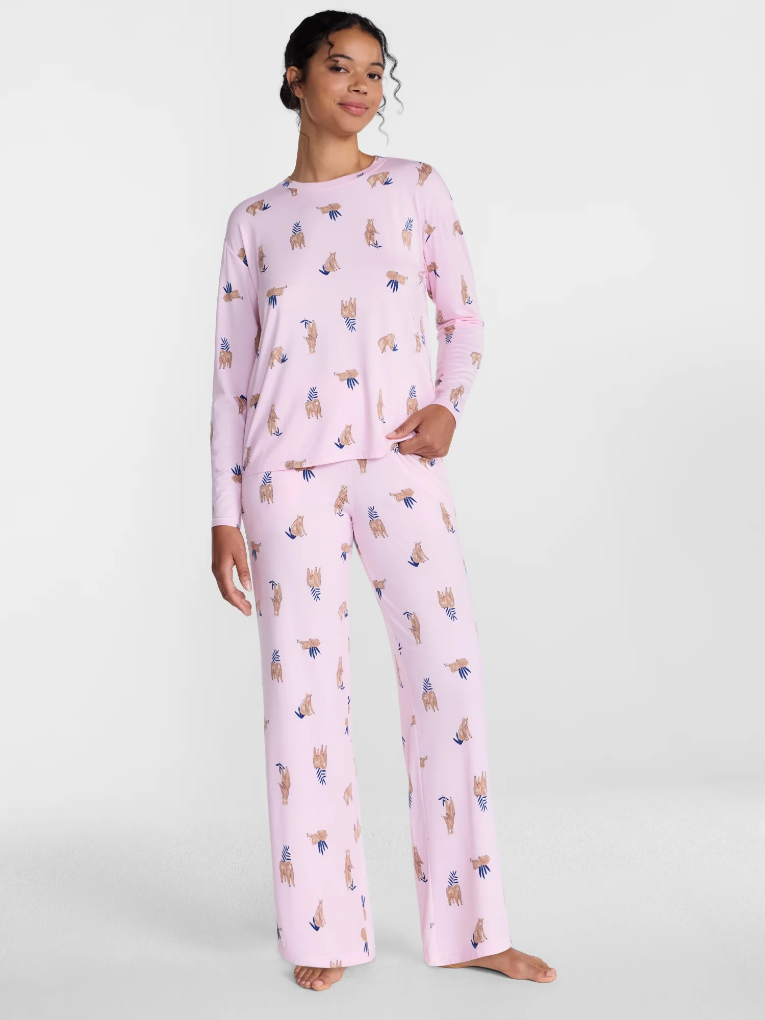 Joyspun Women's Dreamy Soft Collection Long Sleeve Sleep Top and Open Leg Pants Pajama Set, 2-Piece, Sizes XS-3X | Walmart (US)