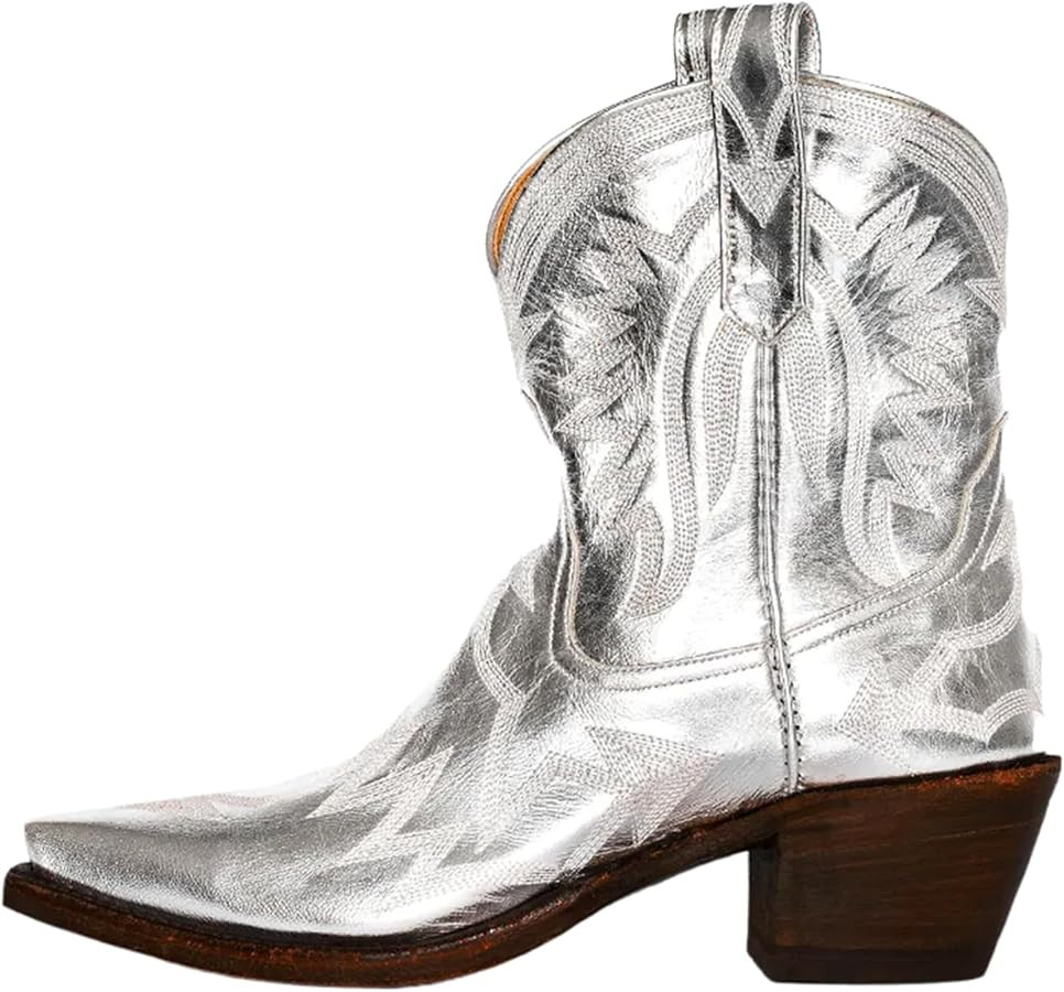 Metallic Embroidered Cowgirl Boots For Women Pointed Toe Western Boots Chunky Heel Pull On Short ... | Amazon (US)