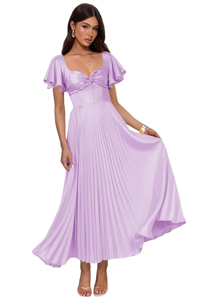 Pleated Satin Bridesmaid Dresses with Short Sleeves Backless Maxi Formal Evening Dress Hi032 | Amazon (US)