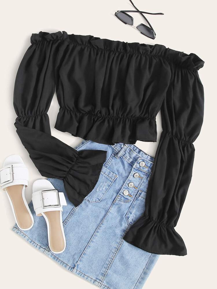 Flounce Sleeve Frill Bardot Crop Blouse | SHEIN
