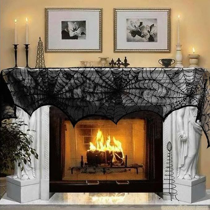 AerWo Halloween Decoration Black Lace Spiderweb Fireplace Mantle Scarf Cover Festive Party Suppli... | Amazon (US)