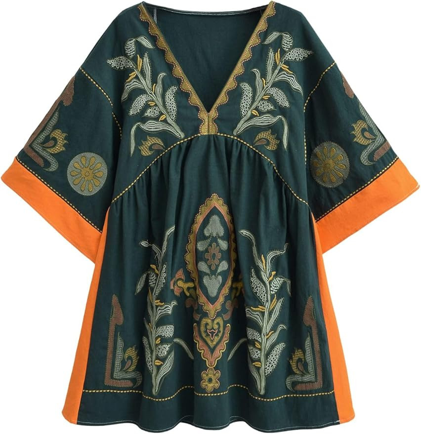 Womens Embroidered Dress with V-Neck and 3/4 Sleeves Loose Fit Vintage Embroidery Babydoll Dress | Amazon (US)