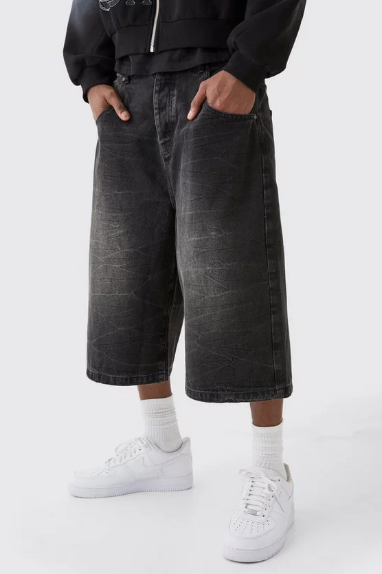 Long Line Denim Jorts In Washed Black | boohooMAN (US & Canada)