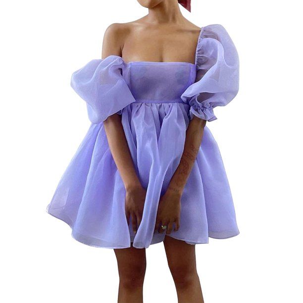 Women's Off Shoulder Puffy Sleeve Mini Dress Tulle Princess Dress - Walmart.com | Walmart (US)