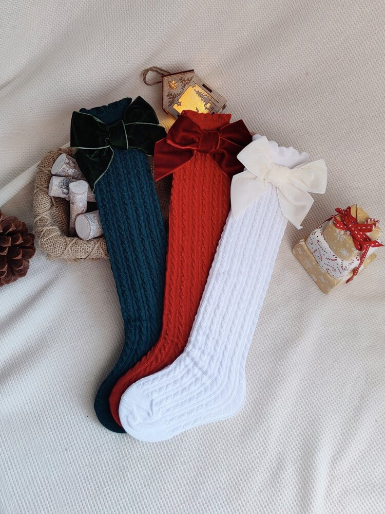 3pairs Girls Bow Decor Over The Calf Socks | SHEIN