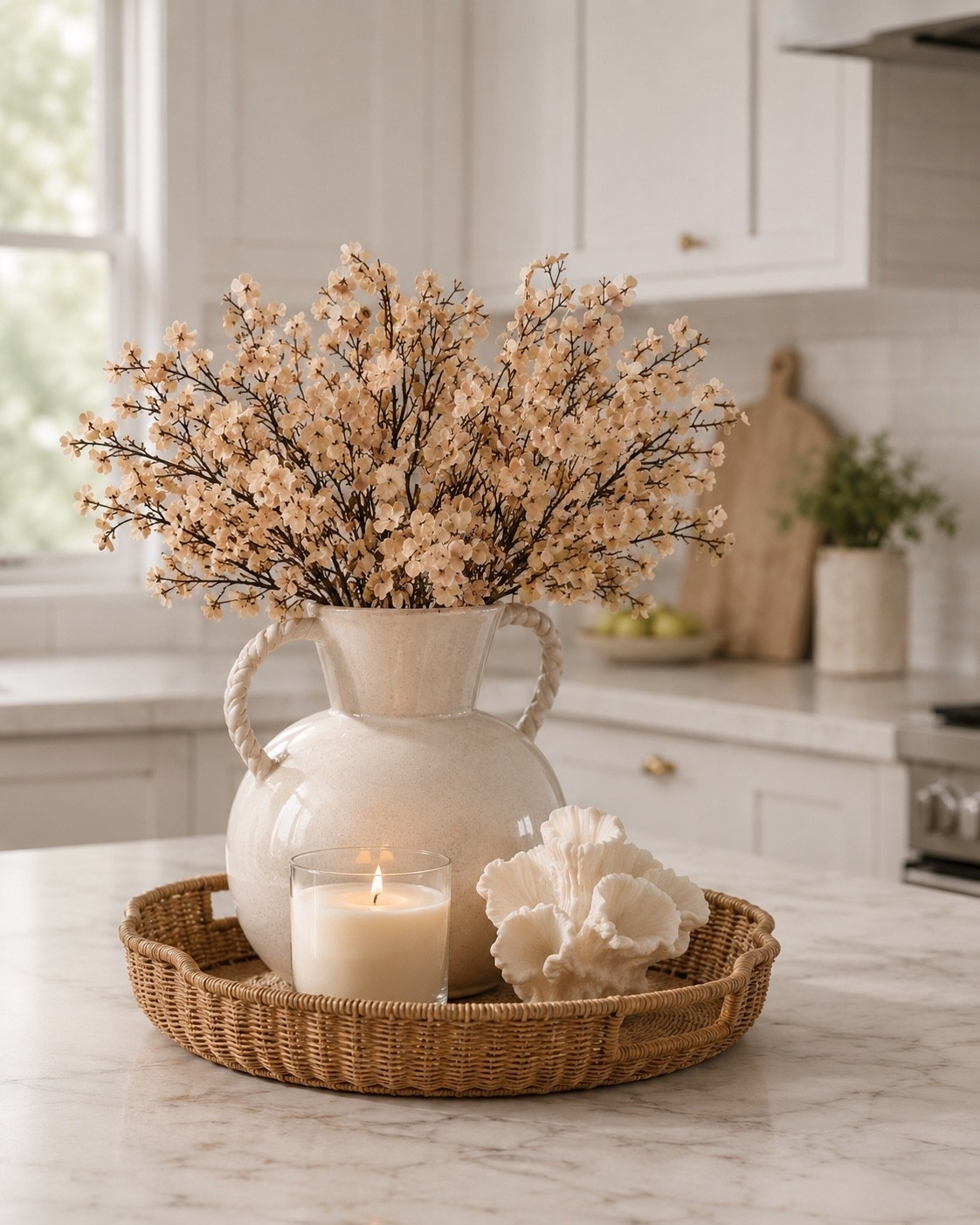 LOVE this wicker tray & these stems would be beautiful for fall as well. I’ll drop links in comments. (Disclosure: all product images are real but photo AI).

#LTKHome #LTKSeasonal