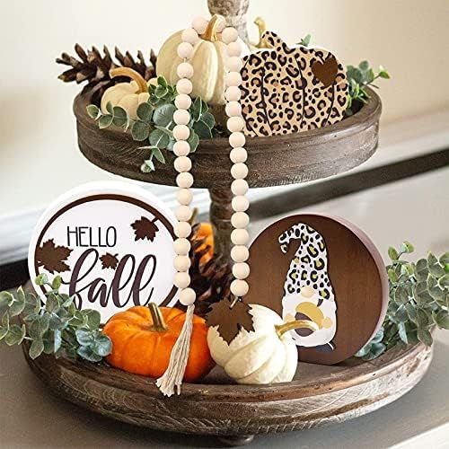 4PCS Fall Tiered Tray Decor Leopard Pumpkin Fall Gnome Wooden Signs Maple Leaf Wood Bead Garland ... | Amazon (US)