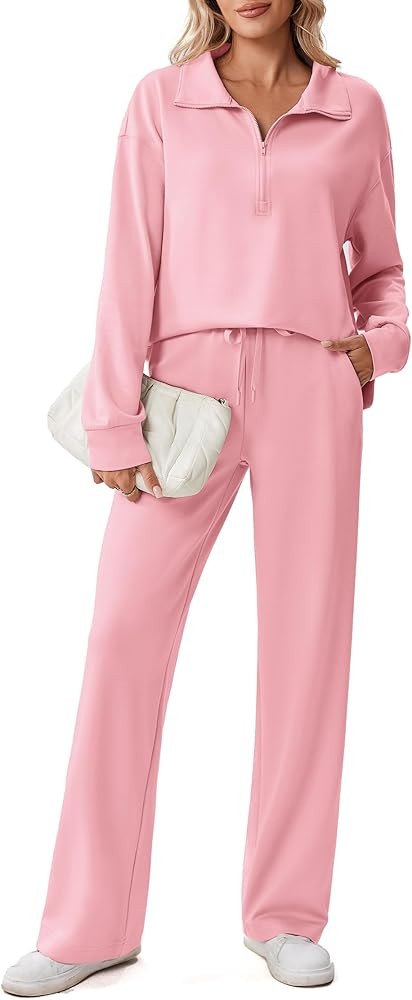PINSPARK 2 Piece Sets for Women 1/2 Zip Sweatsuit Loose Fit Sweatshirt Straight Leg Pants 2025 Ma... | Amazon (US)
