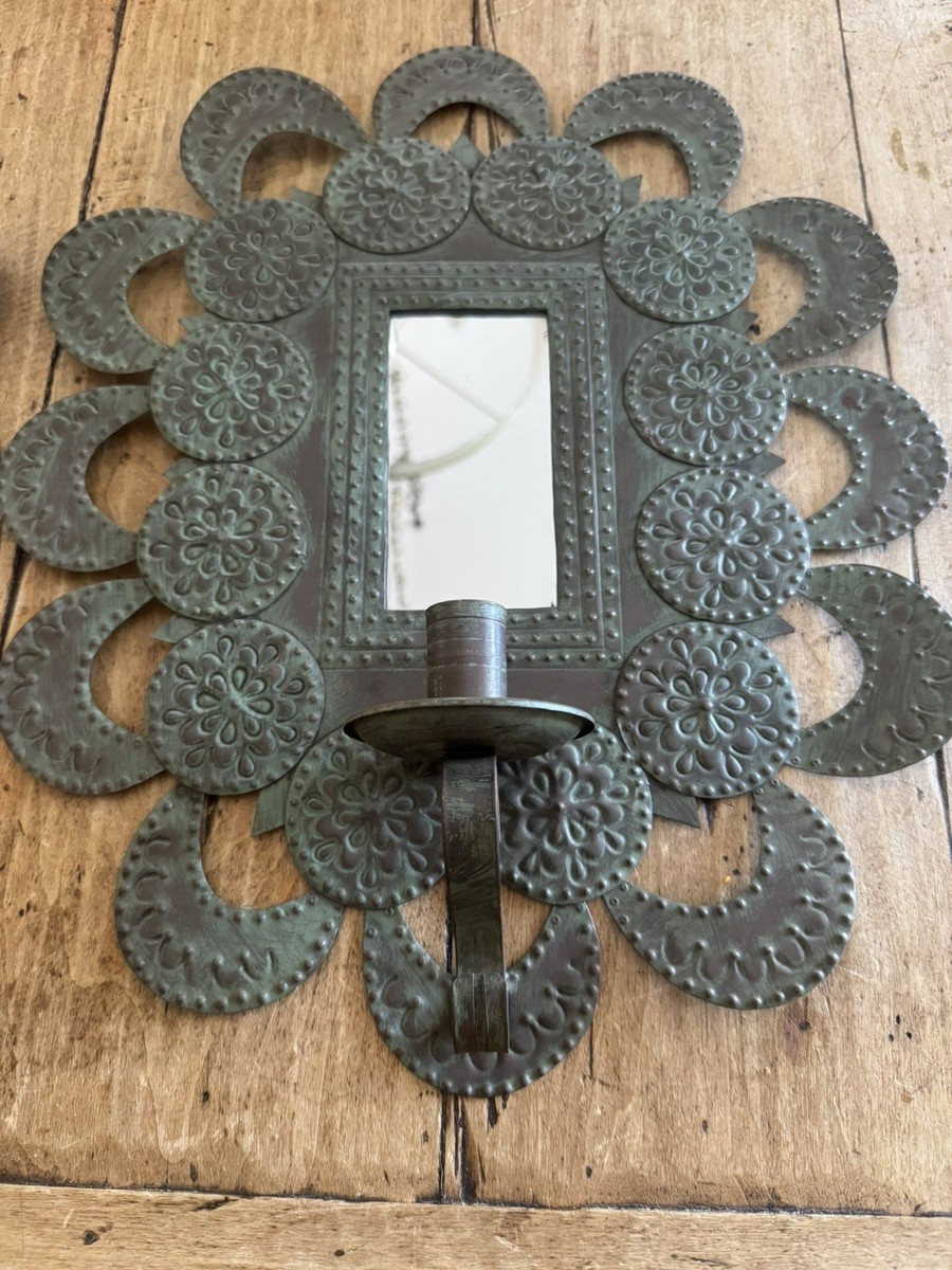 Pair (2) Vintage Mexican Punched Tin Mirror Candle Sconce Wall Hanging Green | eBay US