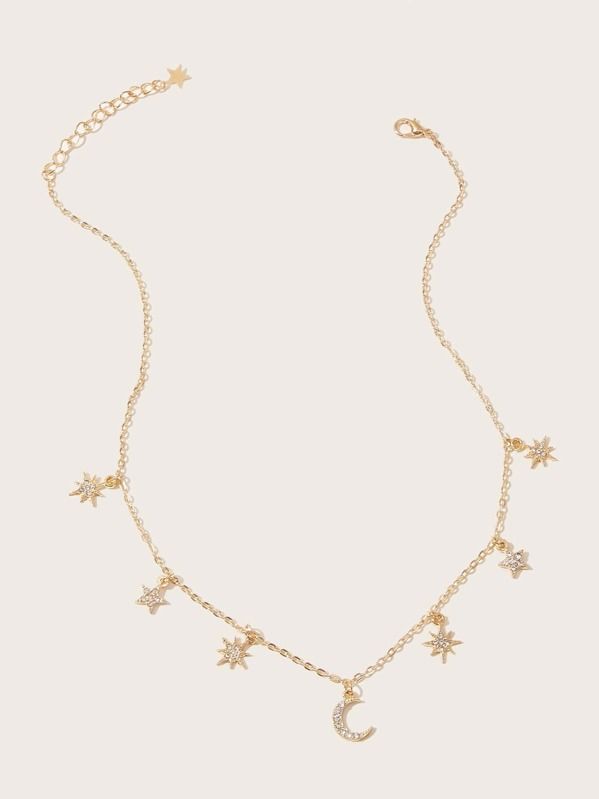 Rhinestone Engraved Star & Moon Charm Necklace 1pc | SHEIN