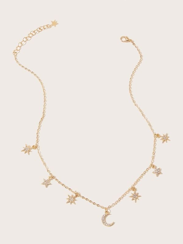 Rhinestone Engraved Star & Moon Charm Necklace 1pc | SHEIN