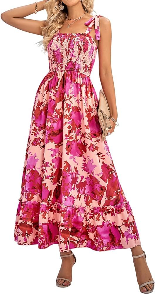 Women's Summer Maxi Dress 2024 Boho Floral Smocked Shirred Beach Sundress | Amazon (US)
