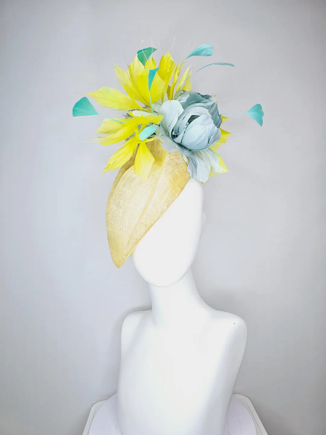 kentucky derby hat fascinator yellow pointed teardrop perch sinamay with fluffy silver gray feath... | Etsy (US)