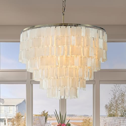 ALOADECOR Farmhouse 6-Light W24 in Coastal Capiz Seashells Chandeliers in Antique Bronze Large Round Natural White Chandelier with Rectangle Shells for Dining Room Living Room | Amazon (US)