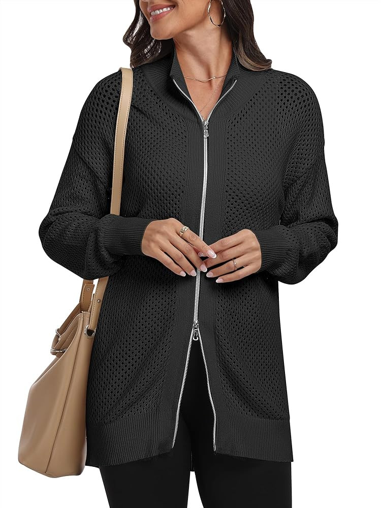ANRABESS Women's Casual Full Zip Up Jackets Long Sleeve Mesh Crochet Knit Cardigan Sweater 2023 F... | Amazon (US)