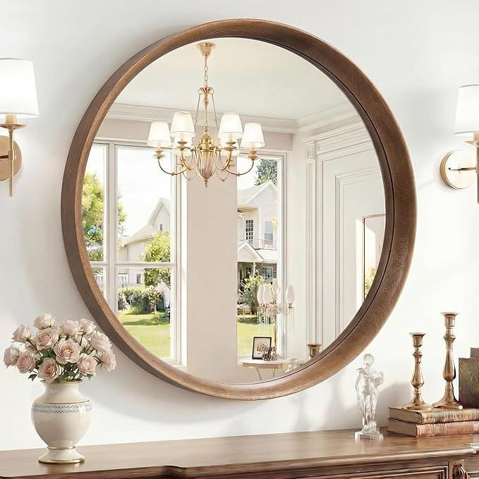Brakki Round Wall Mirror with Wood Frame, 24 inch Circle Mirror for Bathroom Bedroom Entryway Van... | Amazon (US)