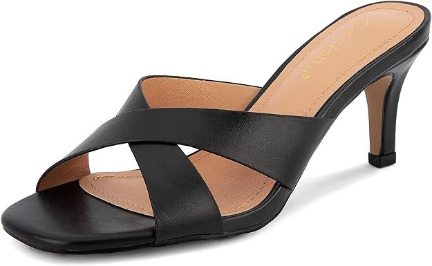 Greatonu Women's Cross Strap Slip On Square Toe Kitten Heeled Sandals | Amazon (US)
