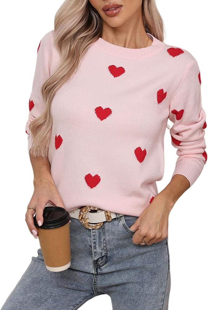 Women's Long Sleeve Crew Neck Pullover Sweaters Lightweight Soft Knit Heart Sweater | Amazon (US)