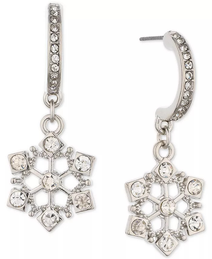 Holiday Lane Silver-Tone Pavé Snowflake Charm J-Hoop Earrings, Created for Macy's - Macy's | Macy's