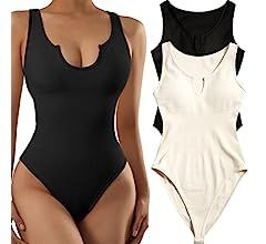 SUUKSESS Women 2 Pack Ribbed Seamless Shapewear Bodysuit Padded Sexy Tank Tops | Amazon (US)