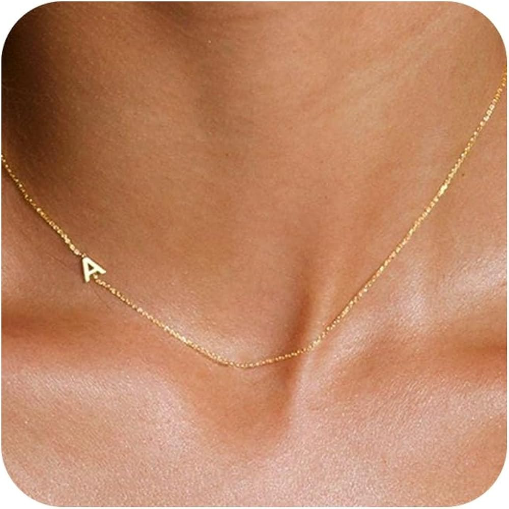 Initial Necklaces for Women, Dainty Gold Letter Necklace 14k Gold Plated Sideways Initial Necklac... | Amazon (US)