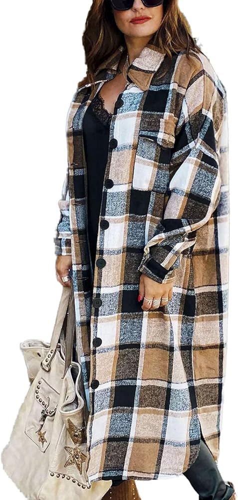 Omoone Women's Lounge Lapel Button Up Long Sleeve Plaid Long Shirt Jacket Shacket | Amazon (US)