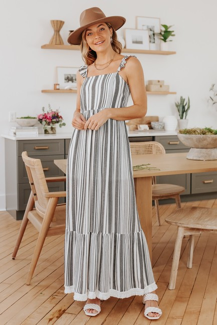 Ruffle Strap Square Neck Black Striped Maxi | Magnolia Boutique