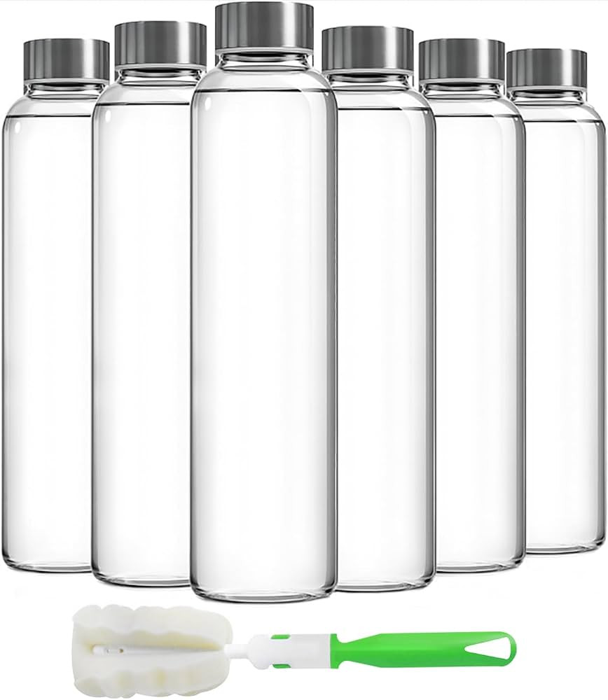 Epica Clear Glass Bottles with Lids 18oz Water Bottles, Steel Cap, 6-Pack | Amazon (US)