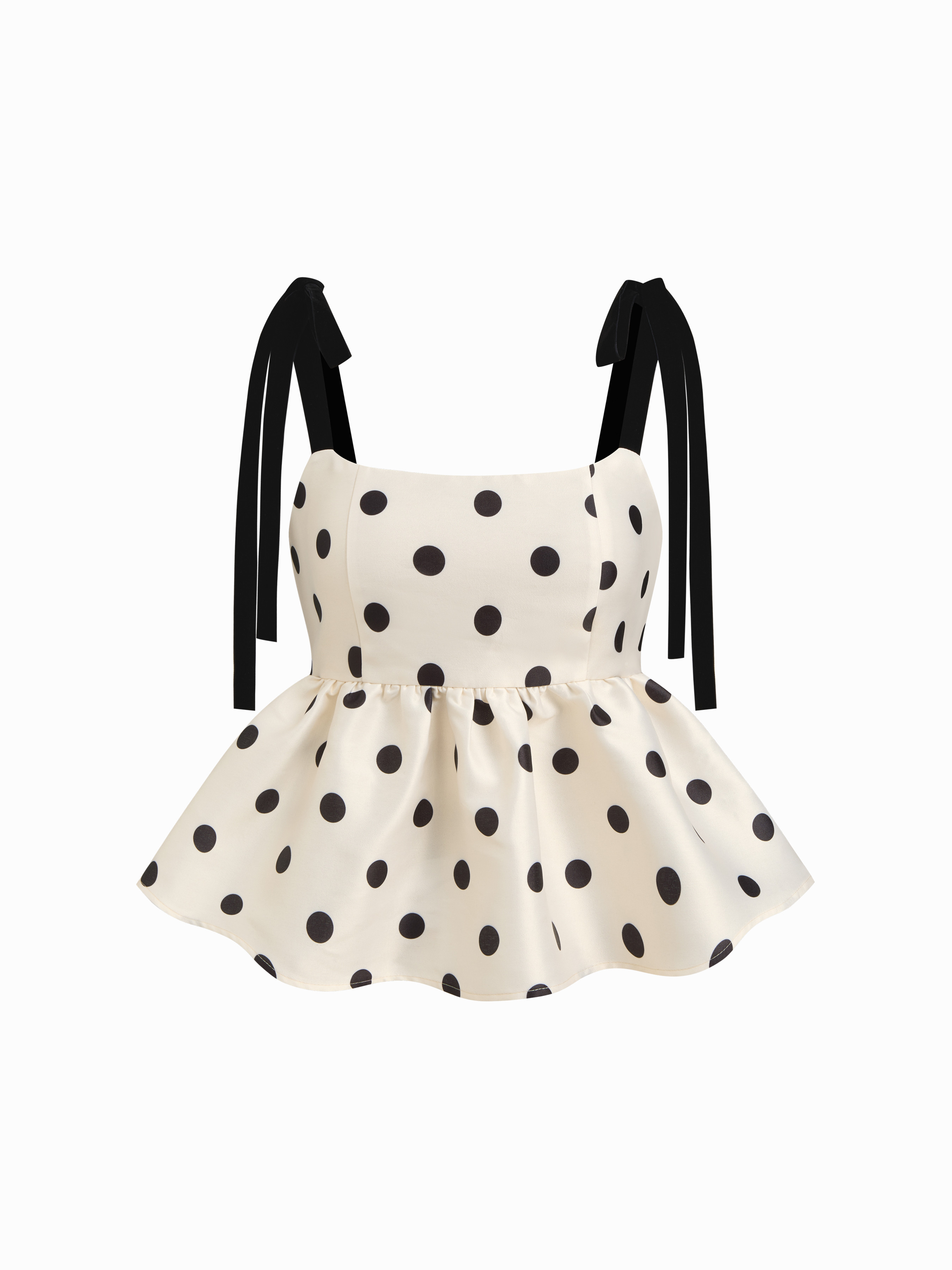 Woven Polka Dot Square Neck Knotted Ruffle Hem Shirred Blouse For Daily Casual | Cider