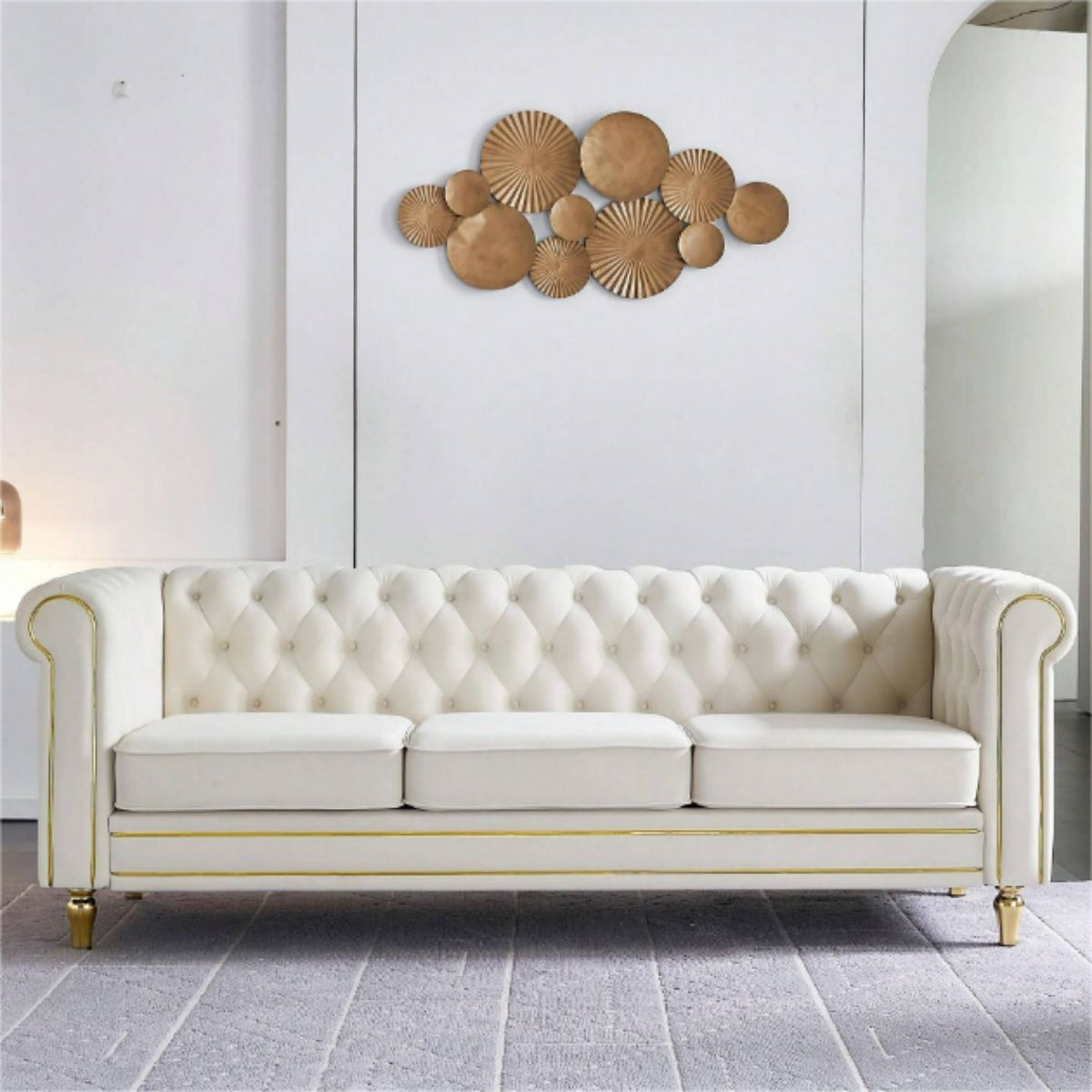 85" Velvet Chesterfield Sofa, Modern 3-Seater Upholstered Couch with Rolled Arms and Gold Metal L... | Target