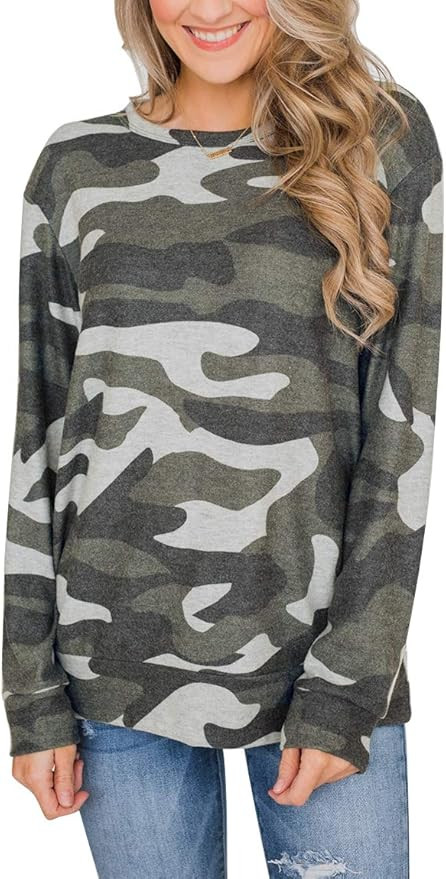 YIBOCK Women's Camo Long Sleeve Loose Fit Casual Sweatshirt Pullover Tops Shirts | Amazon (US)