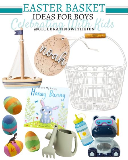 Easter basket for little boys includes white wire basket, Personalized Easter basket tag, hippo bubble machine, silicone watering can, dinosaur egg bath bombs, Honey Bunny book, and wooden sail boat toy. Easter, Easter basket, little boy Easter basket, preschool Easter basket, toddler Easter basket, Easter gift

#LTKFind #LTKSeasonal #LTKkids