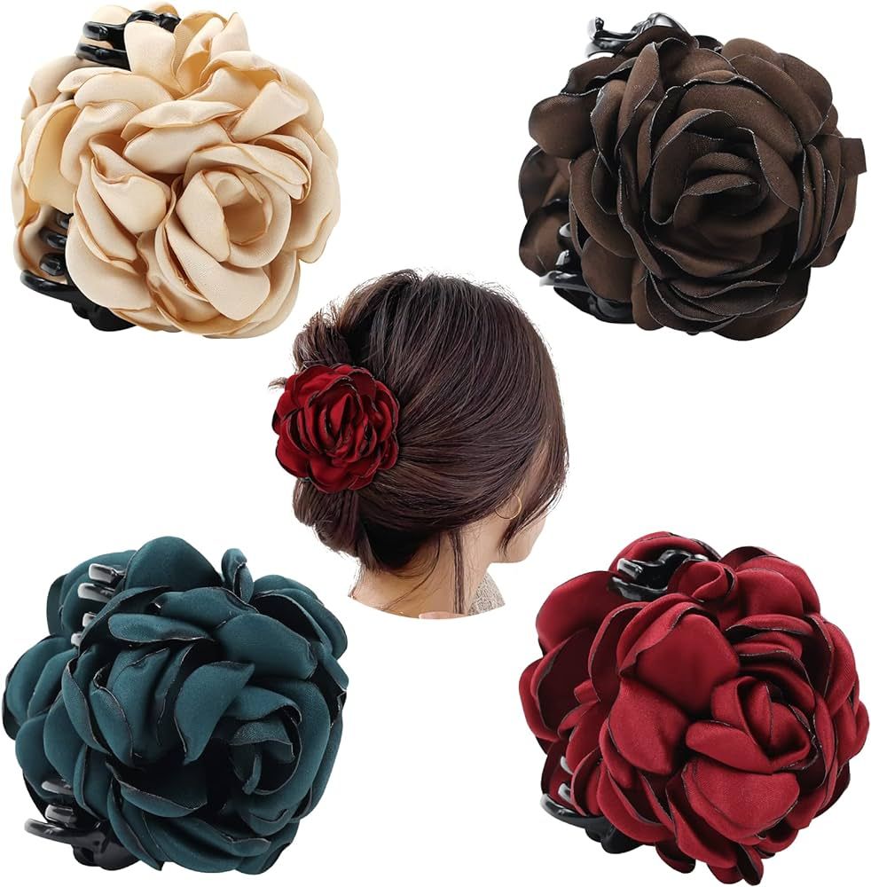 4 Pack Solid Rose Floral Flower Hair Claws Clips Clamps Hairpins Hair Bun Updo Holders Accessorie... | Amazon (US)