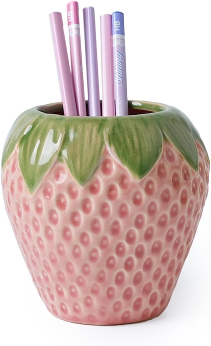 Strawberry Pencil Holder, Cute Pen Holder for Desk, Ceramic Pen Holder, Stand Makeup Brush Holder... | Amazon (US)