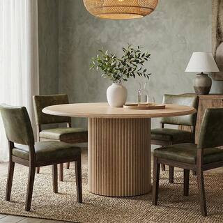 Oak Round Wood 47 in. W x 29.5 in. H Pedestal Kitchen Dining Table with Cylindrical Fluted Metal ... | The Home Depot