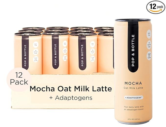 Pop & Bottle - Oat Milk Lattes with Adaptogens | 8 Fl Oz (Pack of 12) Mocha | Maca, Ashwagandha, ... | Amazon (US)