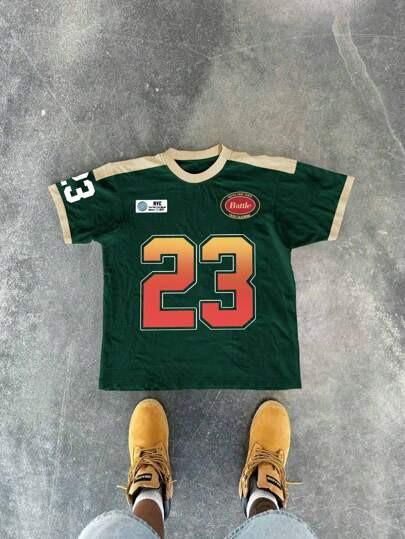 Manfinity EMRG Men's Loose Fit Round Neck Short Sleeve Fashionable Number Print Streetwear Jersey... | SHEIN