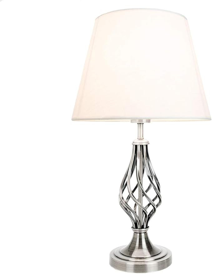 Traditional Satin Nickel Table Lamp with Barley Twist Metal Base and Ivory White Linen Shade | 60... | Amazon (UK)