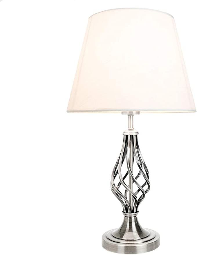 Traditional Satin Nickel Table Lamp with Barley Twist Metal Base and Ivory White Linen Shade | 60... | Amazon (UK)