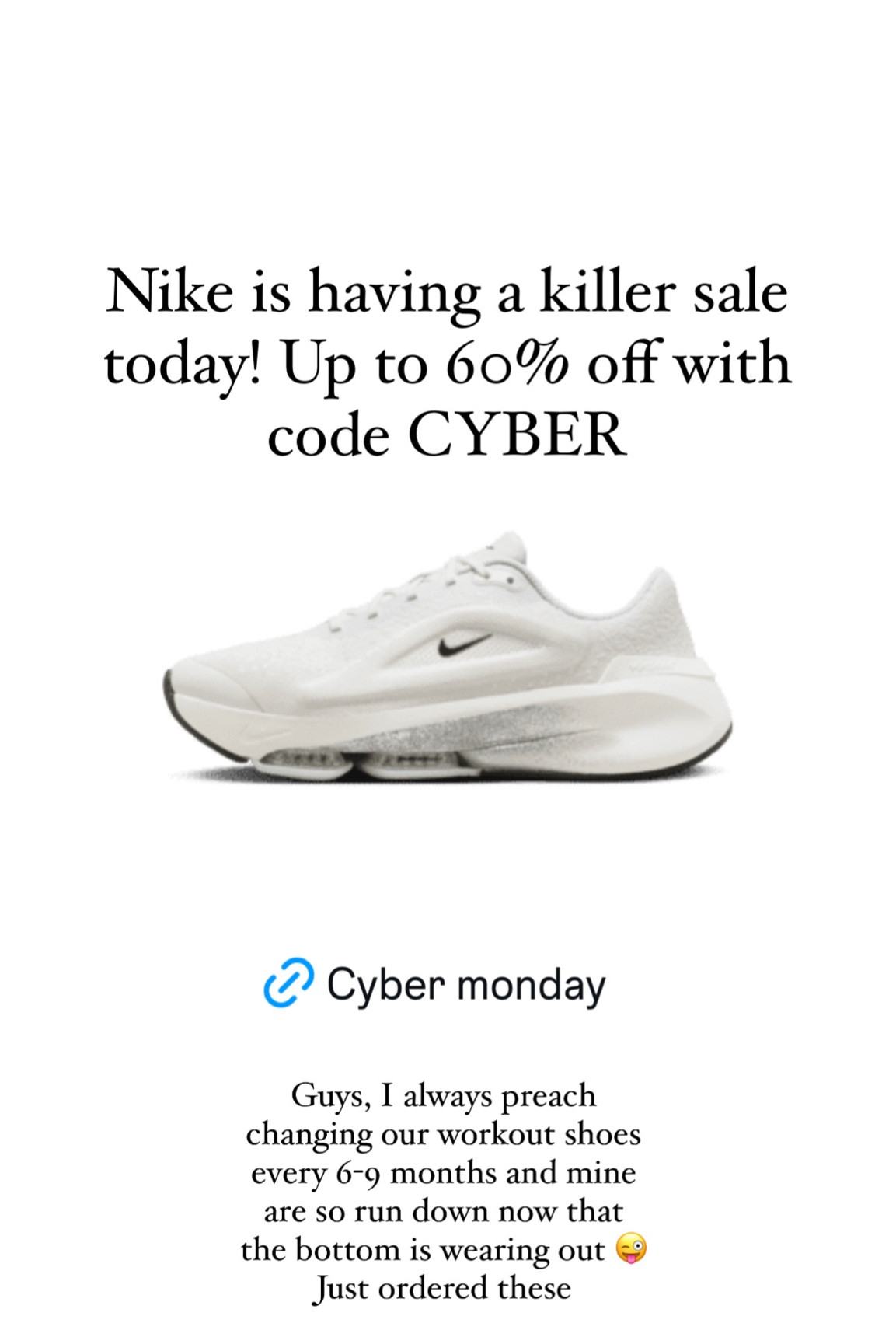 Nike sale with cyber Monday code CYBER 
30% off 
Stackable code
Shoe sale 

#LTKShoeCrush #LTKCyberWeek #LTKActive