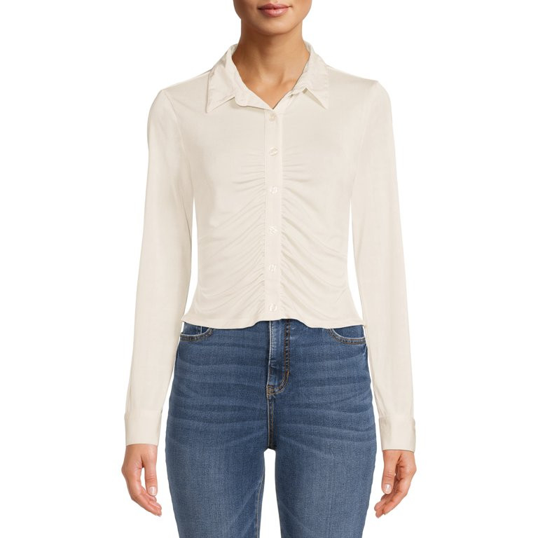 No Boundaries Juniors’ Ruched Button Front Top | Walmart (US)