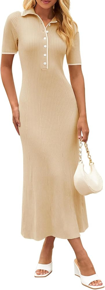 MEROKEETY Women's V Neck Ribbed Knit Maxi Dress Button Short Sleeve Slim Fit Bodycon Sweater Dres... | Amazon (US)