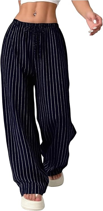 GORGLITTER Women's Wide Leg Pinstripe Pants Baggy Striped Pants Dressy Casual Drawstring Waist Tr... | Amazon (US)