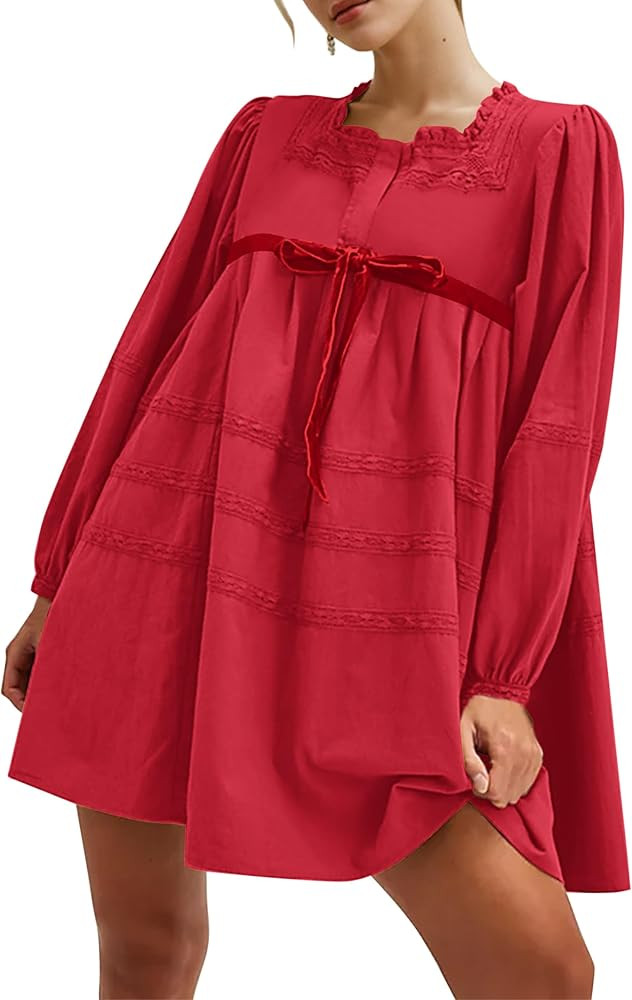 MISSACTIVER Women Long Puff Sleeve Flowy Mini Dress Cute Bow Tie Front Babydoll Dress Trendy Embr... | Amazon (US)