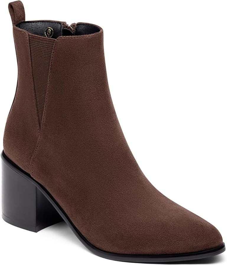 Coutgo Womens Pointed Toe Ankle Boots Chunky Block Stacked Heel Side Zipper Chelsea Fall Booties | Amazon (US)