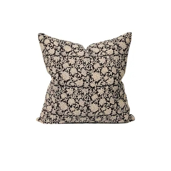 Black Floral Pillow Cover  Block Print Floral Throw Pillow | Etsy | Etsy (US)