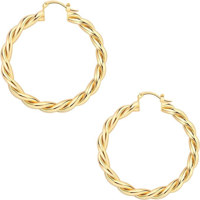 Wowshow Twisted Gold Hoop Earrings for Women Chunky Gold Hoops 14K Gold Plated Lightweight Hoops ... | Amazon (US)
