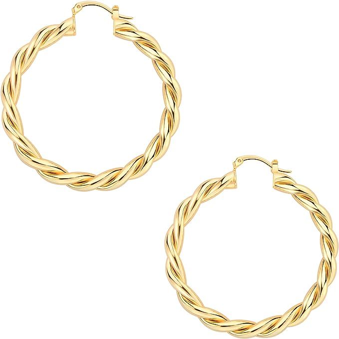 Wowshow Twisted Gold Hoop Earrings for Women Chunky Gold Hoops 14K Gold Plated Lightweight Hoops ... | Amazon (US)